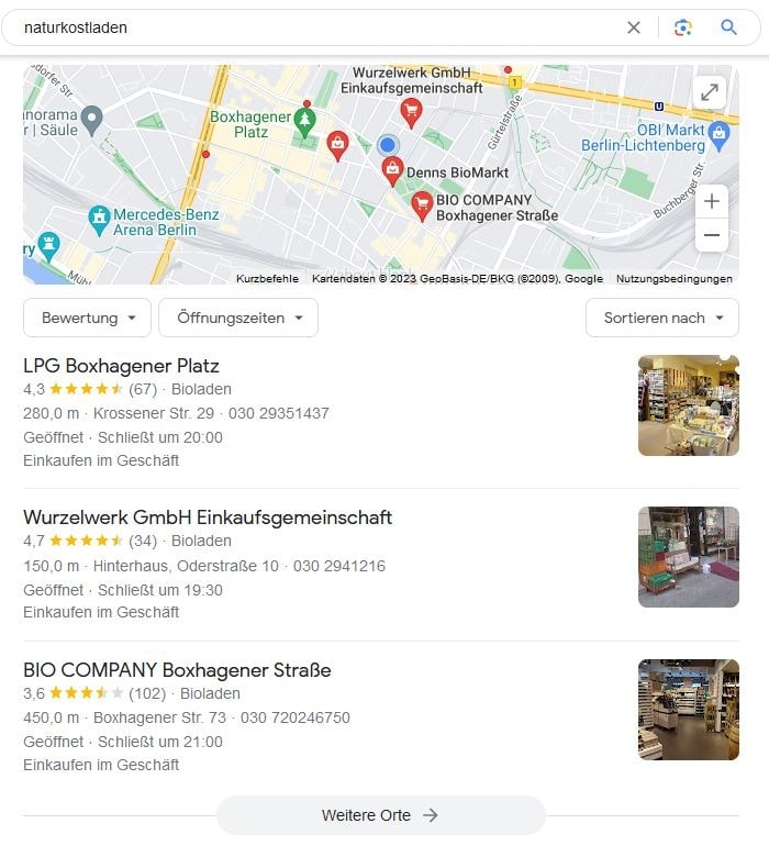 SEO für Naturkostladen mit lokaler Suchintention und Google Maps Local SEO für Naturkostladen Google Maps Screenshot