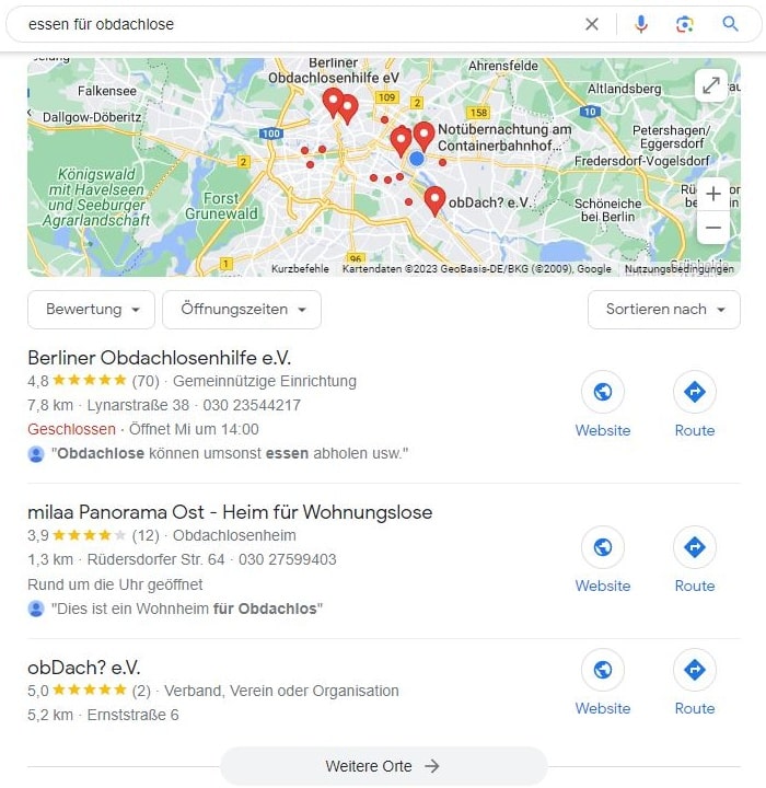 Local SEO für Obdachlosenhilfe machen mit lokaler Suchintention und Google Maps Local SEO für Obdachlosenhilfe Maps Screenshot