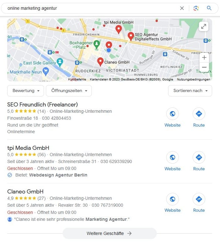 SEO für Online Marketing Agentur mit lokaler Suchintention und Google Maps Local SEO für Online Marketing Agentur Google Maps Screenshot