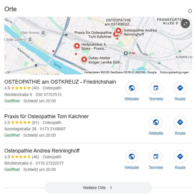SEO für Osteopath mit lokaler Suchintention und mit Google Maps Local SEO für Osteopath