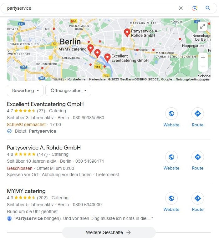 SEO für Partyservice mit lokaler Suchintention und Google Maps Local SEO für Partyservice Google Maps Screenshot
