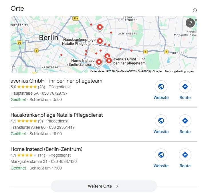SEO für Pflegedienst mit lokaler Suchintention und mit Google Maps Local SEO für Pflegedienst