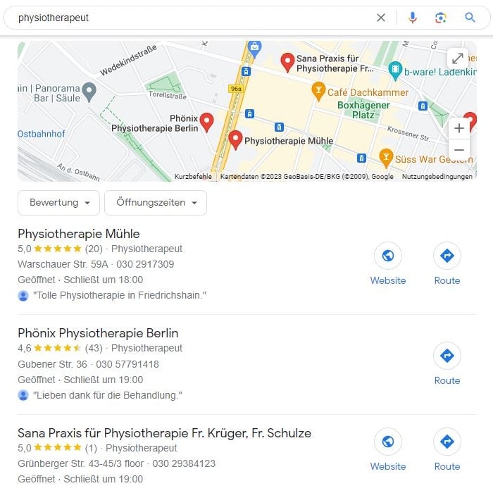 SEO für Physiotherapeuten mit lokaler Suchintention und Google Maps Local SEO für Physiotherapeut Maps Screenshot