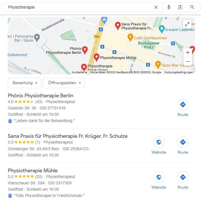 SEO für Physiotherapie mit lokaler Suchintention und Google Maps Local SEO für Physiotherapie Maps Screenshot