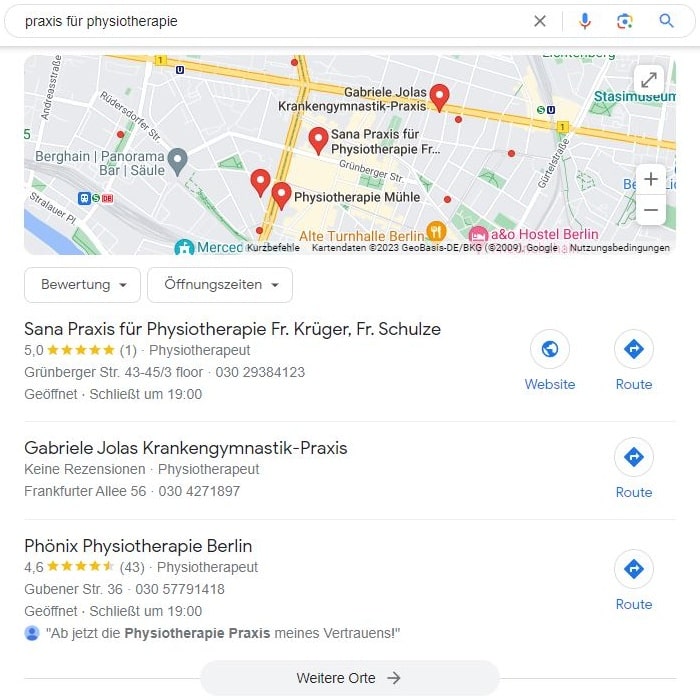 SEO für Praxis für Physiotherapie mit lokaler Suchintention und Google Maps Local SEO für Praxis für Physiotherapie Maps Screenshot