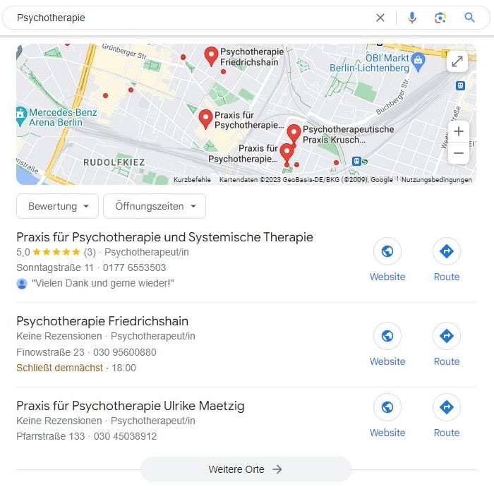 SEO für Psychotherapie mit lokaler Suchintention und Google Maps Local SEO für Psychotherapie Maps Screenshot