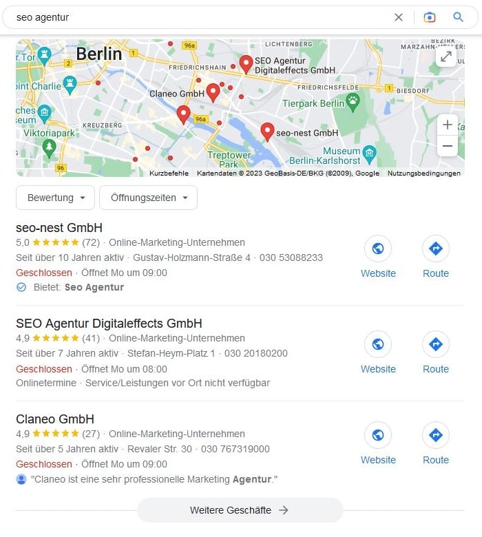 SEO für SEO Agentur mit lokaler Suchintention und Google Maps Local SEO für SEO Agentur Google Maps Screenshot