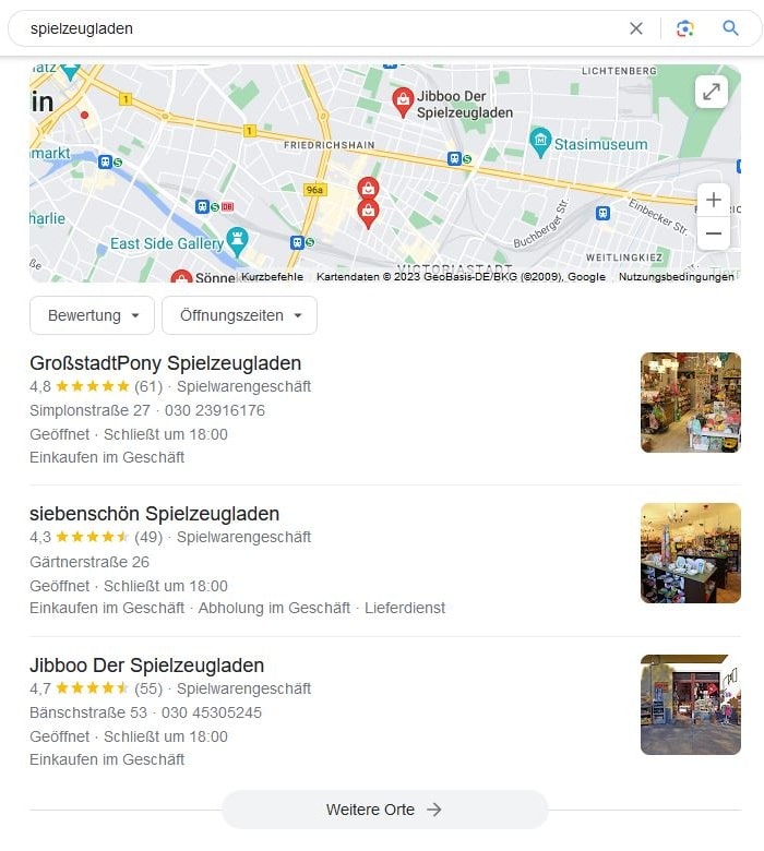 SEO für Spielzeugladen mit lokaler Suchintention und Google Maps Local SEO für Spielzeugladen Google Maps Screenshot