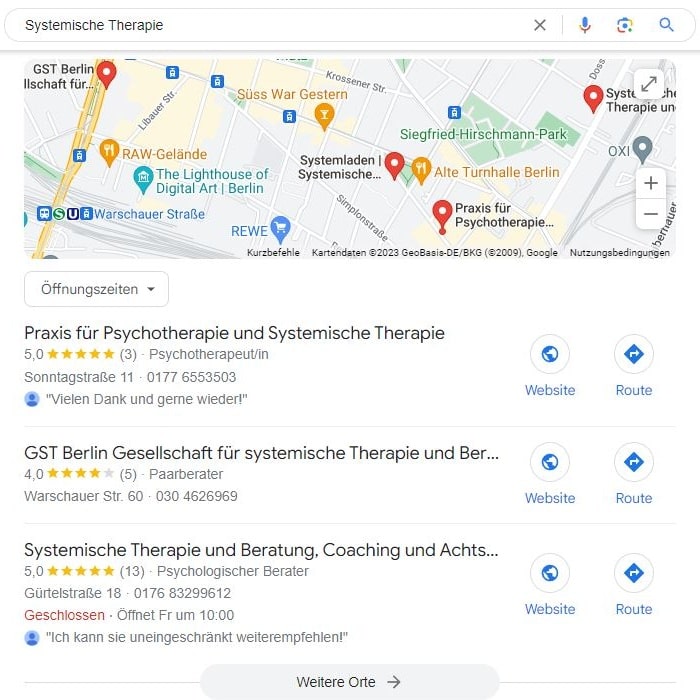 SEO für Praxis für Systemische Therapie mit lokaler Suchintention und Google Maps Local SEO für Systemische Therapie Maps Screenshot