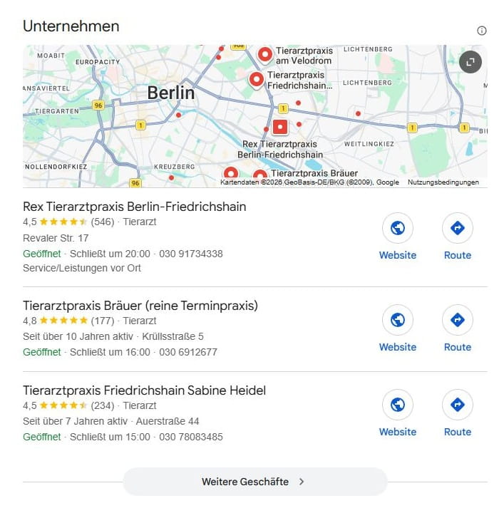 SEO für Tierarzt Praxis mit lokaler Suchintention und mit Google Maps Local SEO für Tierarzt Praxis