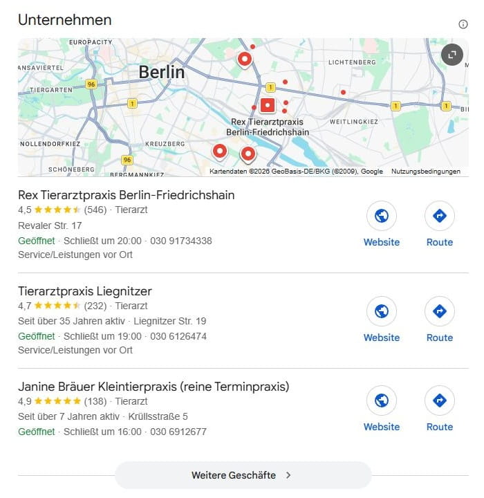SEO für Tierarzt mit lokaler Suchintention und mit Google Maps Local SEO für Tierarzt