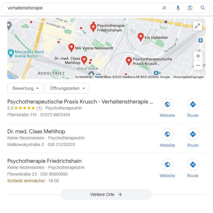 SEO für Verhaltenstherapie mit lokaler Suchintention und Google Maps Local SEO für Verhaltenstherapie Maps Screenshot