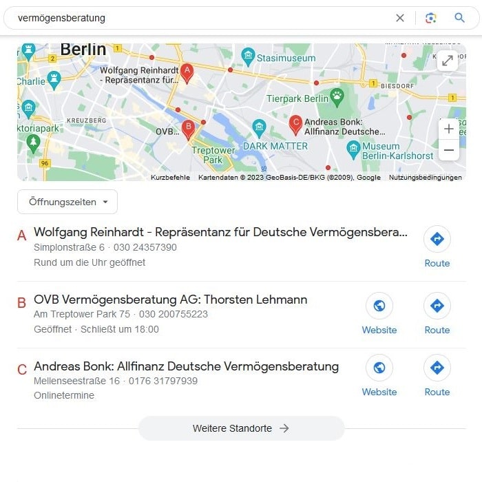 SEO für Vermögensberatung mit lokaler Suchintention und Google Maps Local SEO für Vermögensberatung Google Maps Screenshot