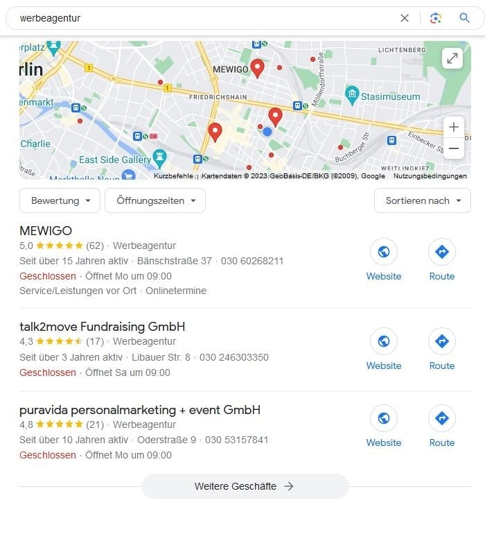 SEO für Werbeagentur mit lokaler Suchintention und Google Maps Local SEO für Werbeagentur Google Maps Screenshot